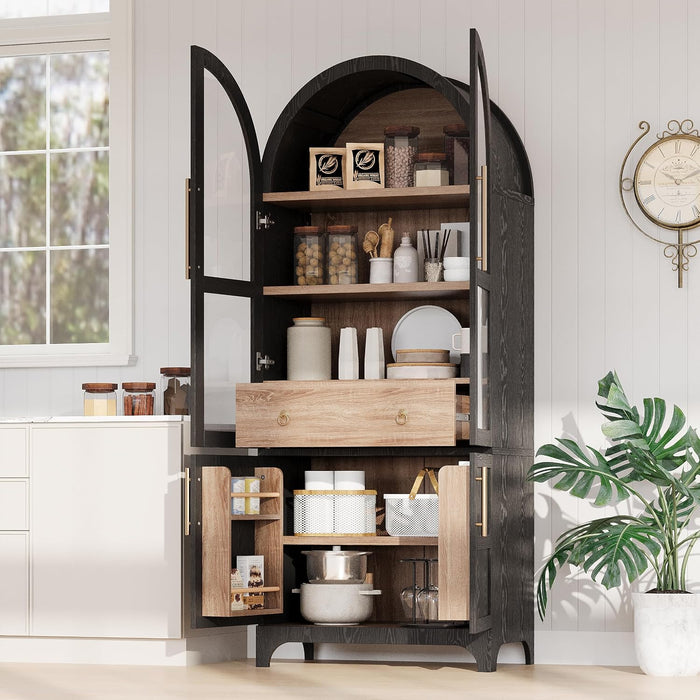 Modern 71" Tall Arched Kitchen Pantry with Door Shelves,Storage Cabinets with Open & Adjustable Shelves,Hidden Drawer & Glass Door,for Kitchens Dining Room (Black#Glass)