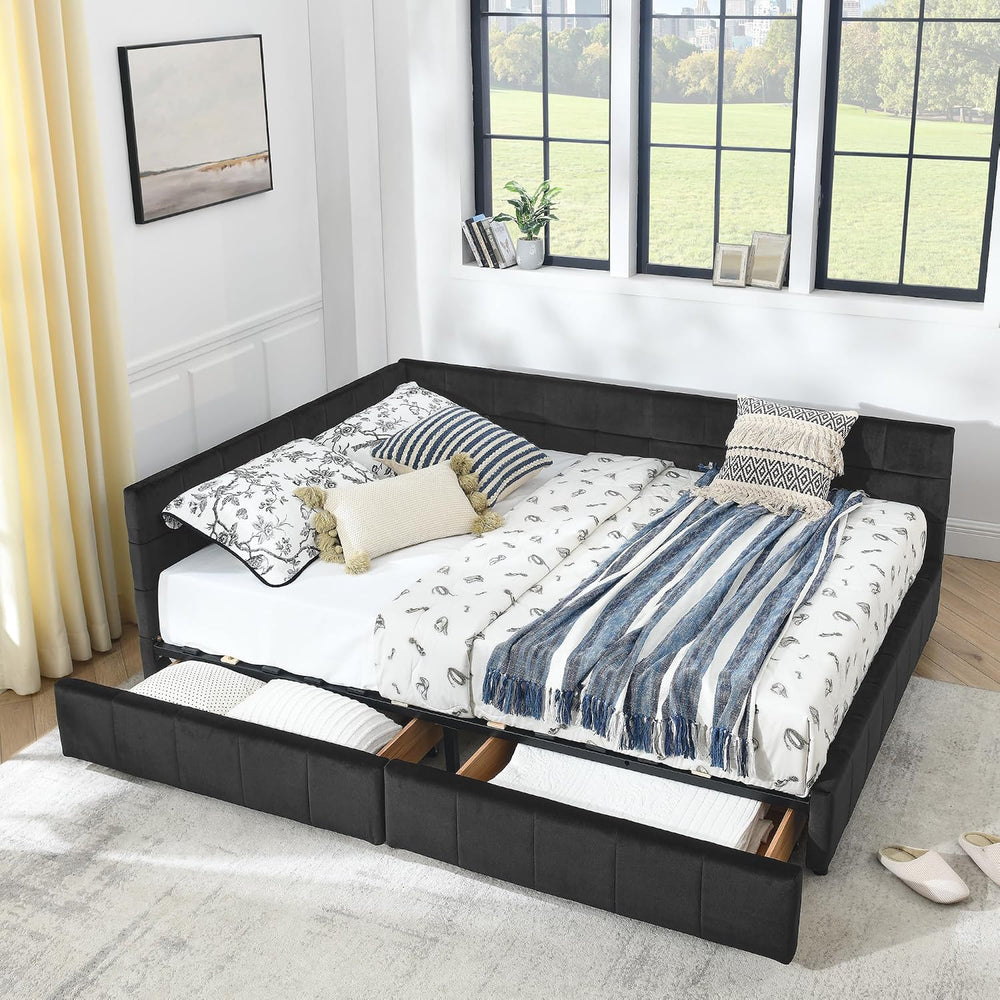 King Size Storage Bed Frame with Upholstered Tufted Headboard, Platform Bed w...
