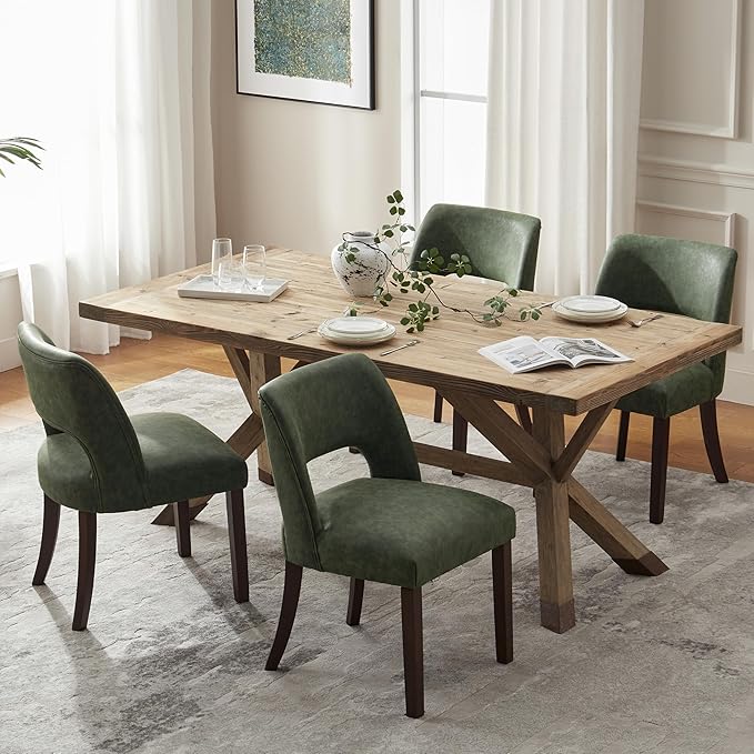 VKNOW Modern Dining Chairs Set of 2, Faux Leather Upholstered Dining Room Chair Kitchen Chairs, Farmhouse Dinner Chair for Kitchen Dining Room, Green
