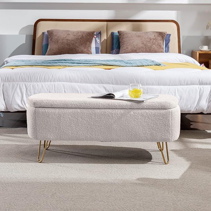 Storage Ottoman for End of Bed with Gold Legs, Modern Faux Fur Entryway Bench,for Living Room，Bedroom，End of Bed,Ivory White