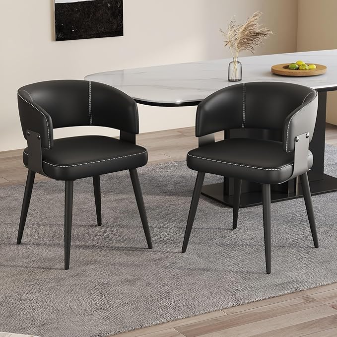 Modern Dining Chairs Set of 2, Upholstered Faux Leather Kitchen Side Chairs with Curved Open Back, Easy Assembly for Dining Room, Restaurant, Cafe, Black