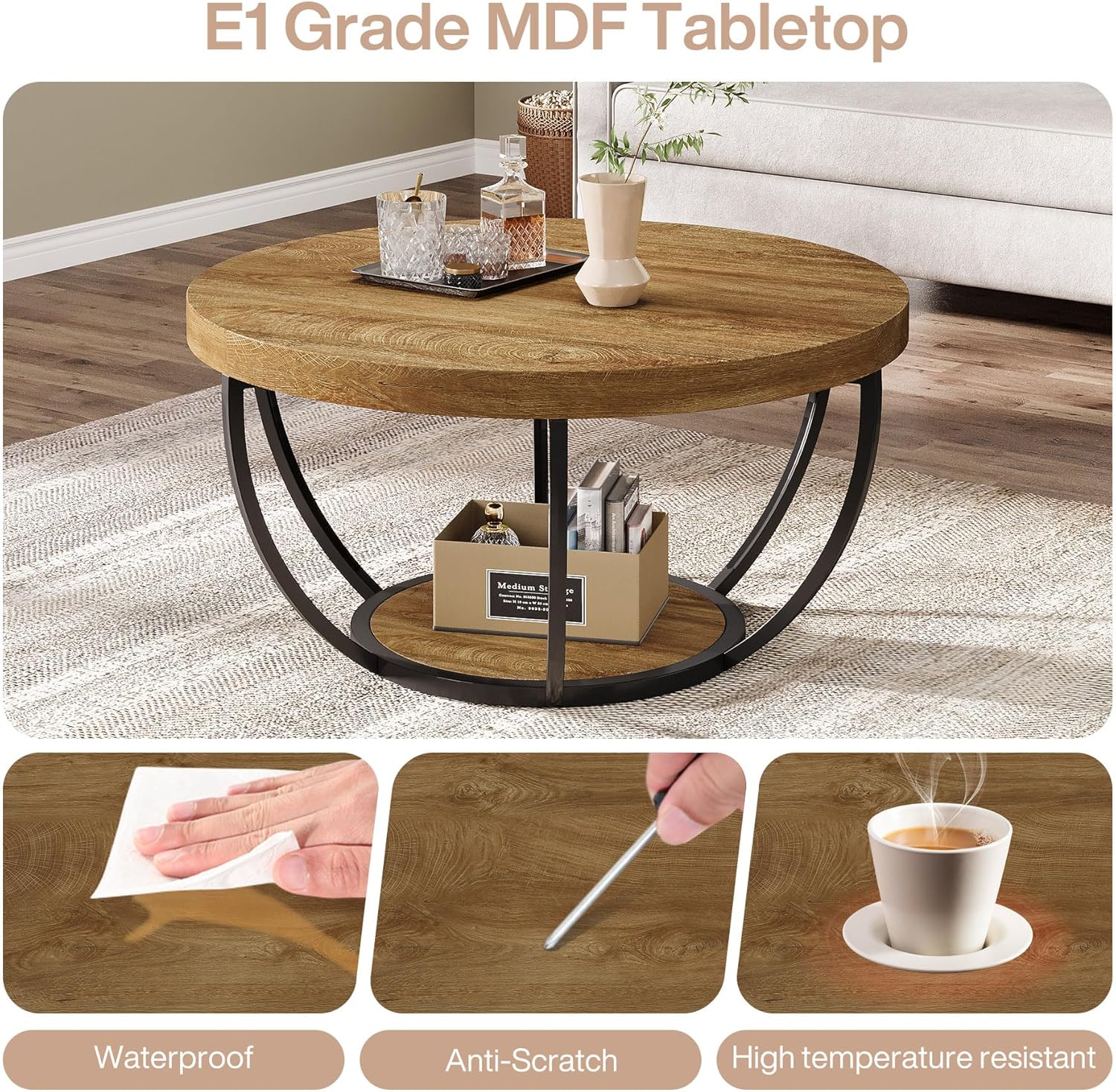 Tribesigns Round Coffee Table, 31.7" Wooden 2-Tier Circle Coffee Table with Storage Shelves, Modern Accent Cocktail Table Center Table for Living Room, Natural Wood Brown