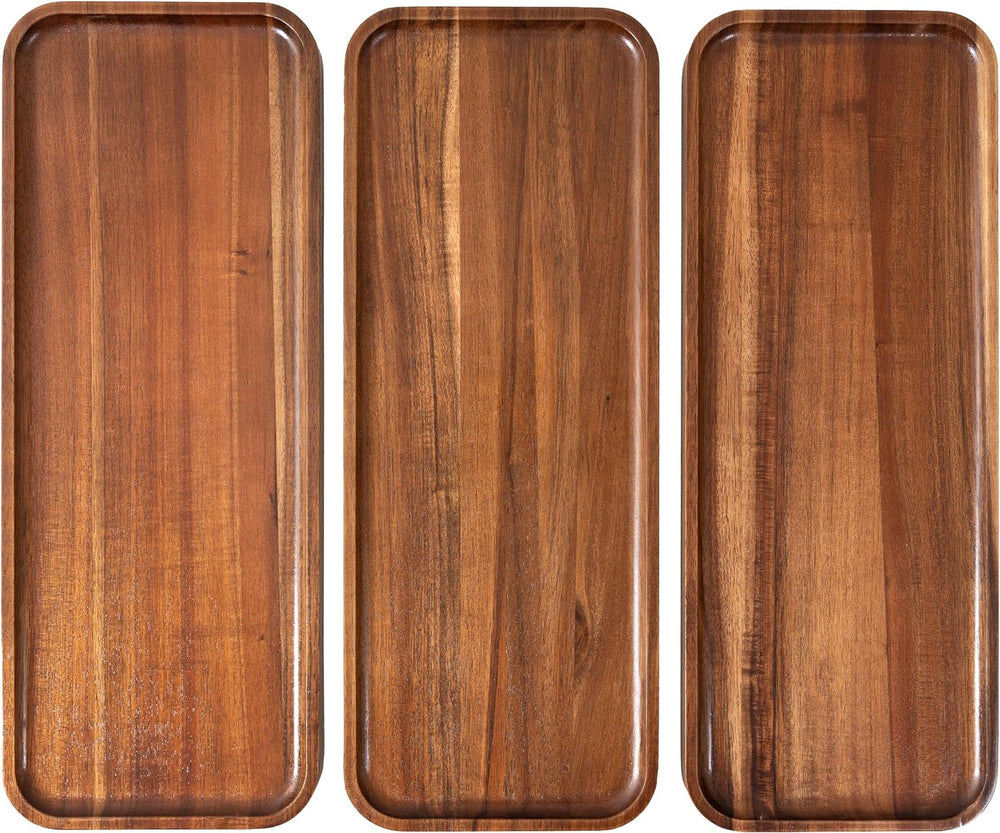 Large Solid Acacia Wood Serving Trays (17 x 6.5 inches) Rectangular Wooden Se...
