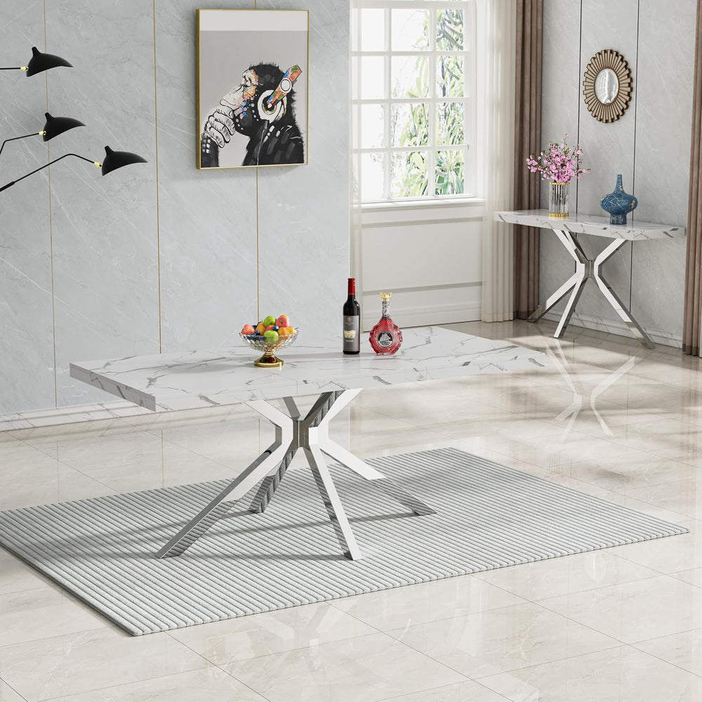 70 inch Faux Marble Dining Table for 4-6, Modern Kitchen Table with White Fau...