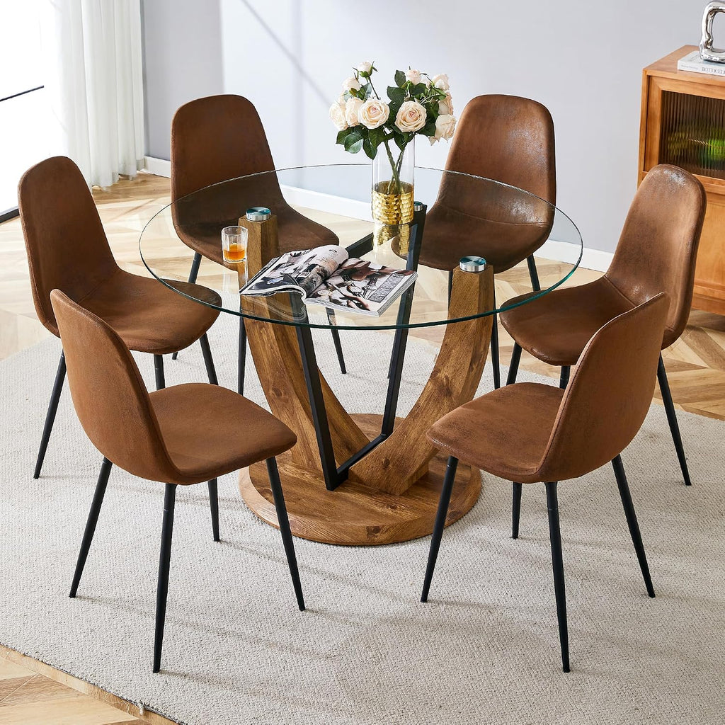 JUFU Round Dining Table Set for 6, 48" Table and Chairs Set of 6 with Faux Marble Tabletop and PU Upholstered Brown-0501 Chairs, Modern 6 Seater Dining Table Set for Dinning Room, Kitchen
