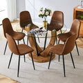 JUFU Round Dining Table Set for 6, 48" Table and Chairs Set of 6 with Faux Marble Tabletop and PU Upholstered Brown-0501 Chairs, Modern 6 Seater Dining Table Set for Dinning Room, Kitchen