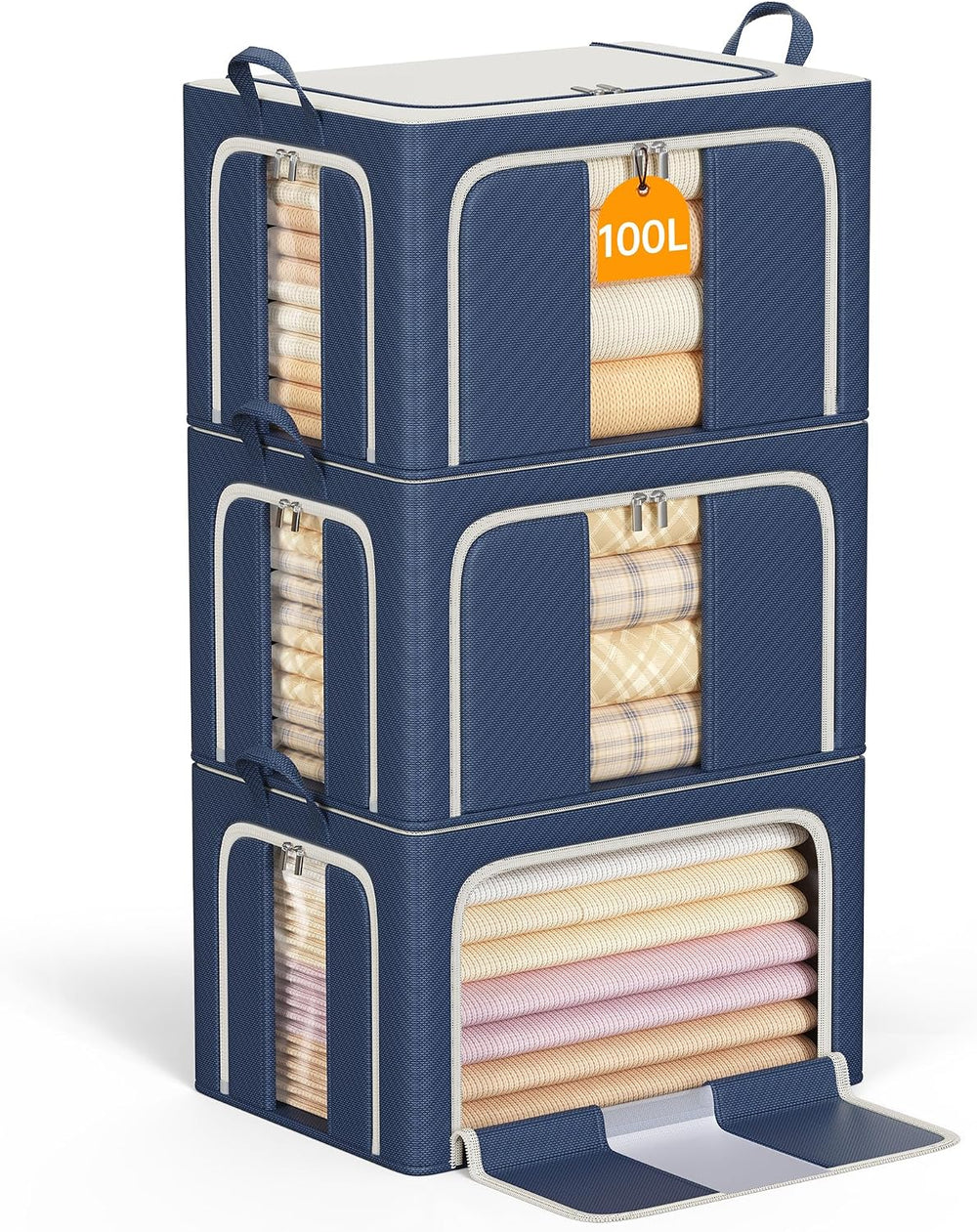 3 Openings Clothes Storage Bins with Metal Frame，100L (navy blue) | Oxford-Ge...