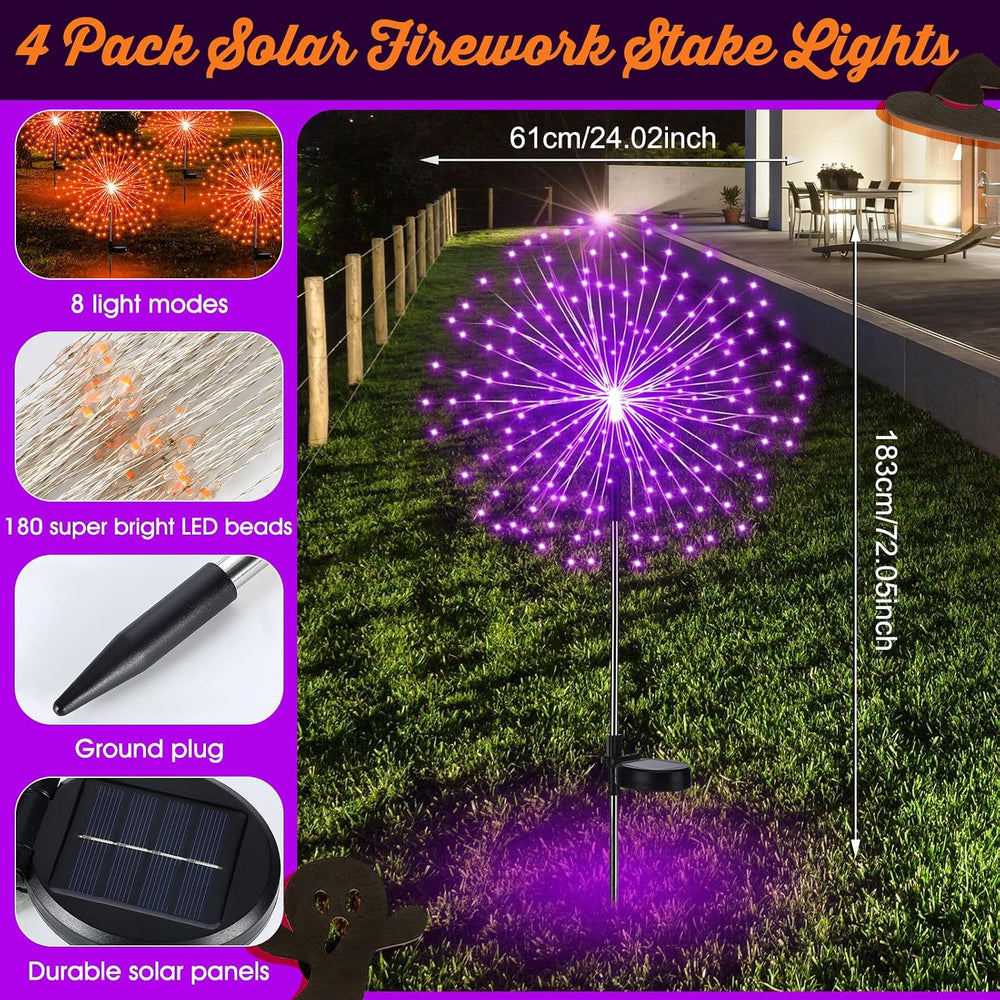 Tujoe 6 Pcs Halloween Solar Firework Stake Lights 180 LED 8 Modes