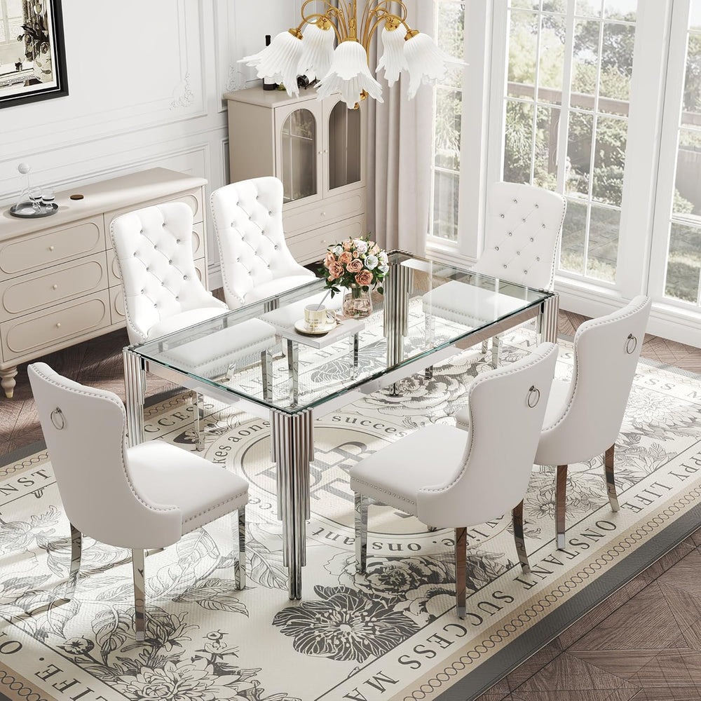 Modern Rectangle Glass Dining Table, 65" Clear Tempered Glass Desktop wi...