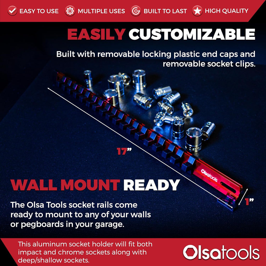 Olsa Tools 3/8-Inch Drive Aluminum Socket Organizer with Locking End Caps | Professional Quality Socket Holder (RED)