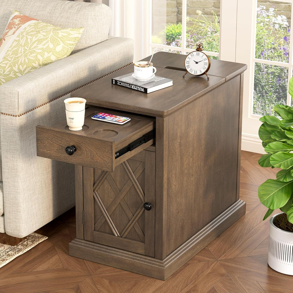 Merax Vintage End Table with Charging Station, Narrow Side Table with Cup Hol...
