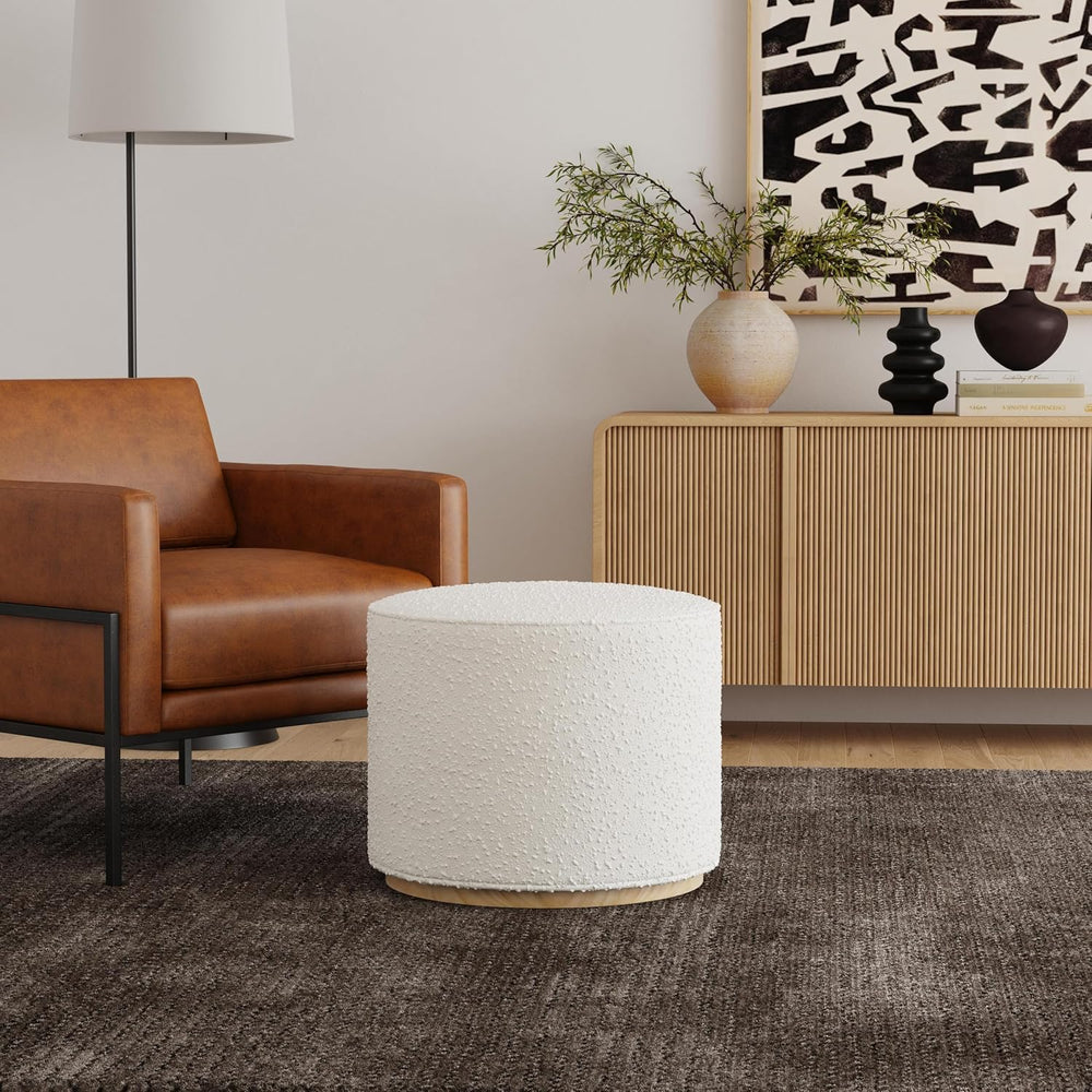 Spatial Order 22" Round Ottoman with Wooden Base - Cream Textural Fabric