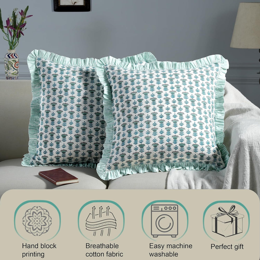 Ridhi Aquamarine Blue Block Print Ruffle Pillow Covers 16x16 Inch Set of 2