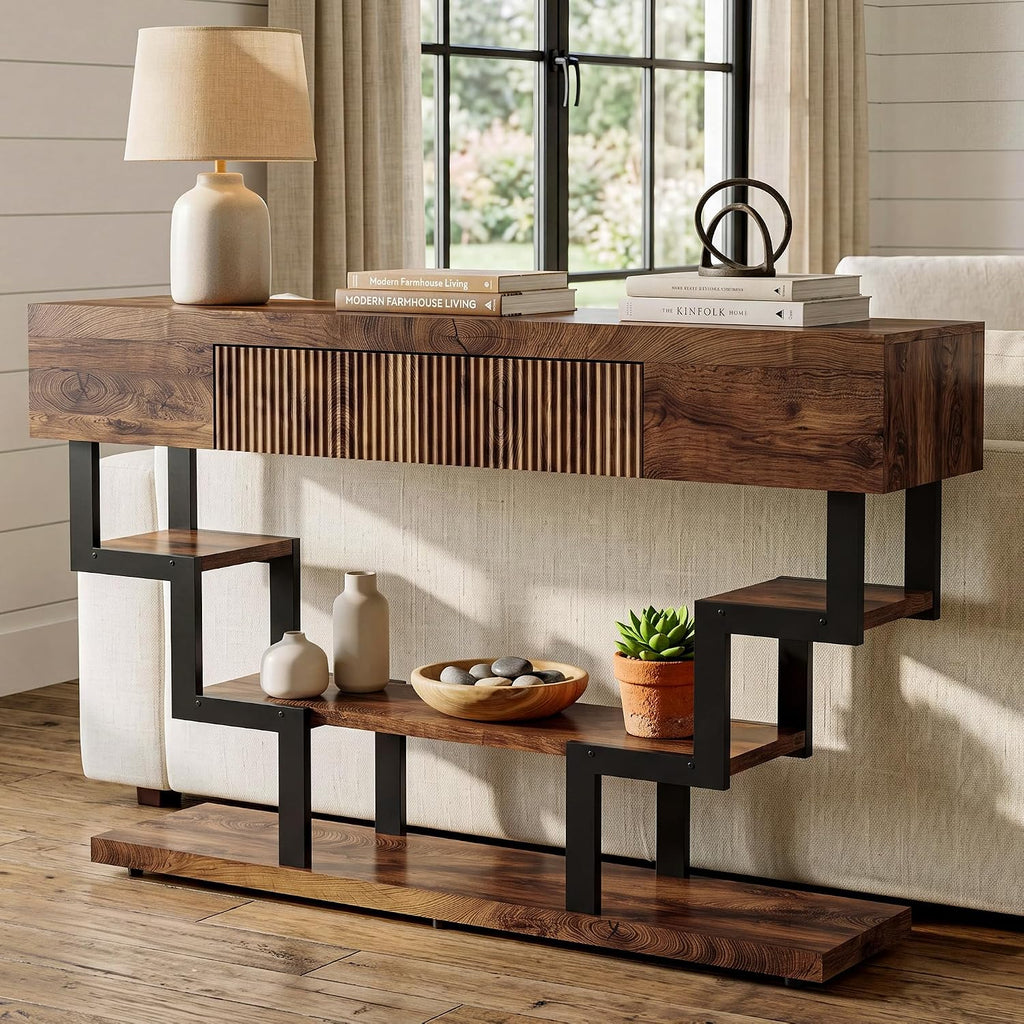 47.3" Console Table with Fluted Drawers, 3-Tier Modern Entryway Table with Geometric Black Metal Frame, Luxury Sofa Table for Living Room, Hallway, Foyer（Walnut Oak