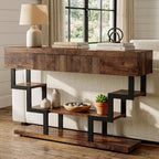 47.3" Console Table with Fluted Drawers, 3-Tier Modern Entryway Table with Geometric Black Metal Frame, Luxury Sofa Table for Living Room, Hallway, Foyer（Walnut Oak