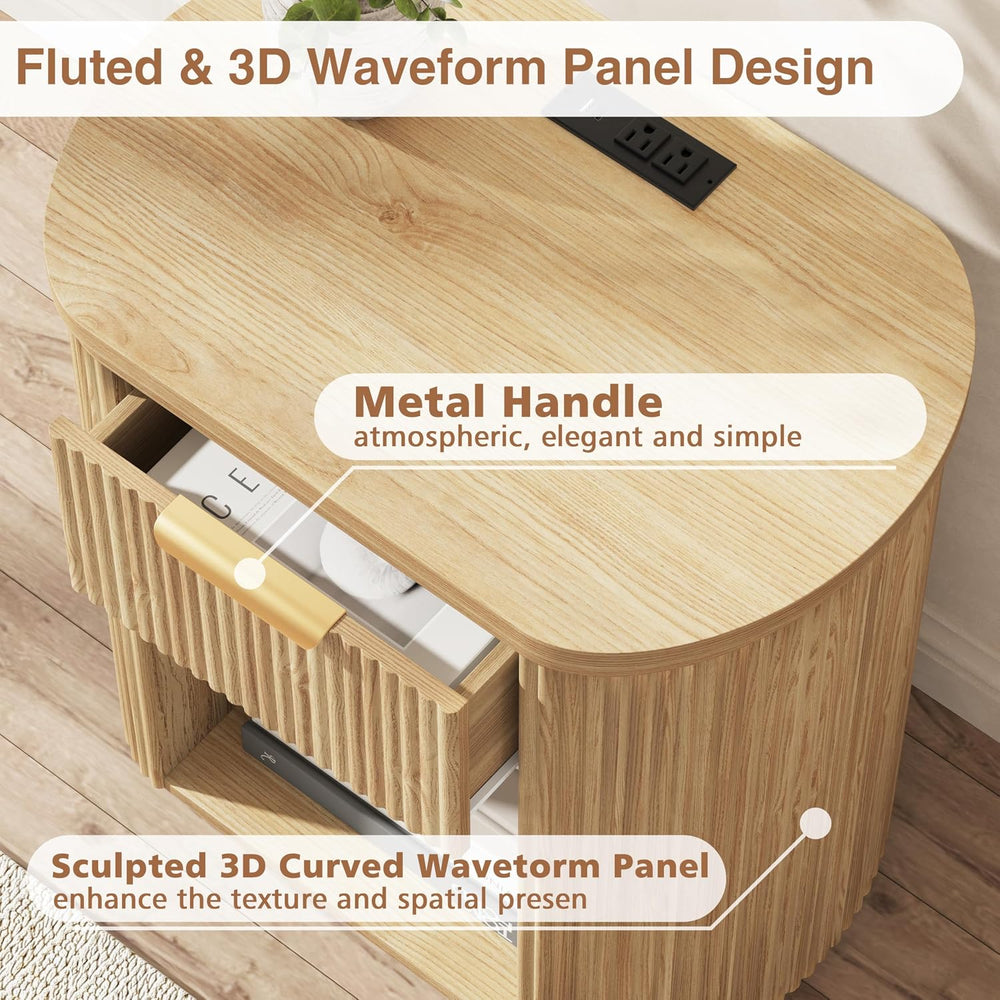 Fluted Nightstand with Charging Station 23.6" Large Round Bedside Table Oak