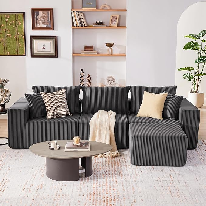 107.4" Cloud Couch Sectional, Modular Sofa with Deep Seat, Plush Corduroy L Shaped Boneless Couch, Convertible Sectional Couches for Living Room, 4Seat, Darkgrey