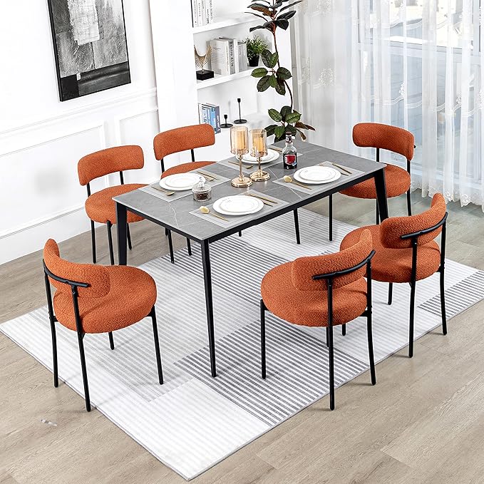 DYHOME Mid-Century Modern Dining Chairs Set of 6, Boucle Dining Chairs Upholstered with Black Metal Legs, Curved Backrest Kitchen Dining Room Chairs, Orange