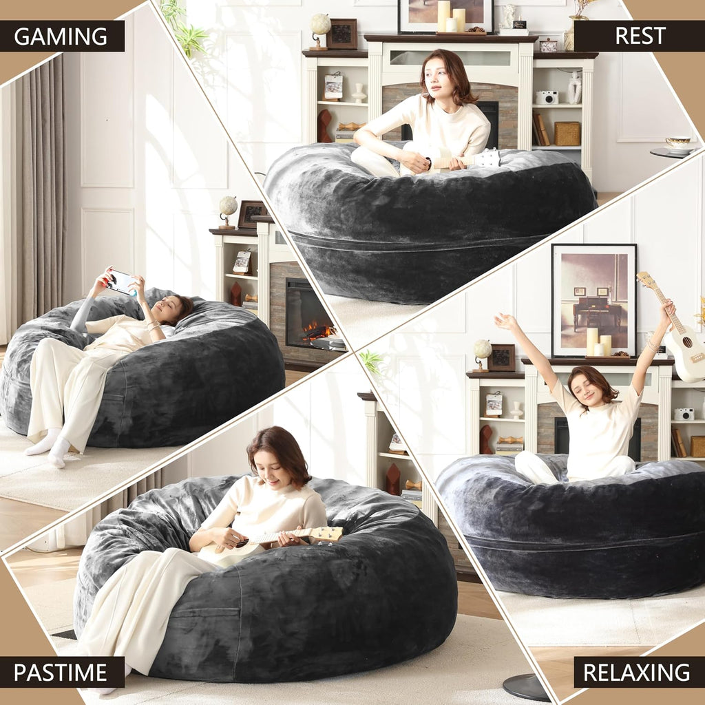 Bean Bag Chair for Adults Soft Comfy Bean Bag for Adults, Cozy Reading Chair, Large Round Bean Bag Couch, Versatile Living Room & Bedroom Chairs (Grey, 5FT)