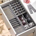 Velvet Jewelry Drawer Organizer Trays – Grey Stackable Jewelry Storage Inserts Set, 4-Layer Jewelry Tray Set for Earrings, Rings, Necklaces, Bracelets with Removable Dividers for Dresser & Vanity