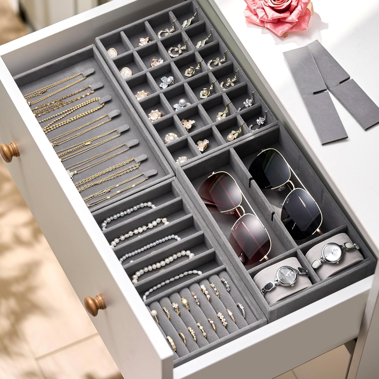 Velvet Jewelry Drawer Organizer Trays – Grey Stackable Jewelry Storage Inserts Set, 4-Layer Jewelry Tray Set for Earrings, Rings, Necklaces, Bracelets with Removable Dividers for Dresser & Vanity