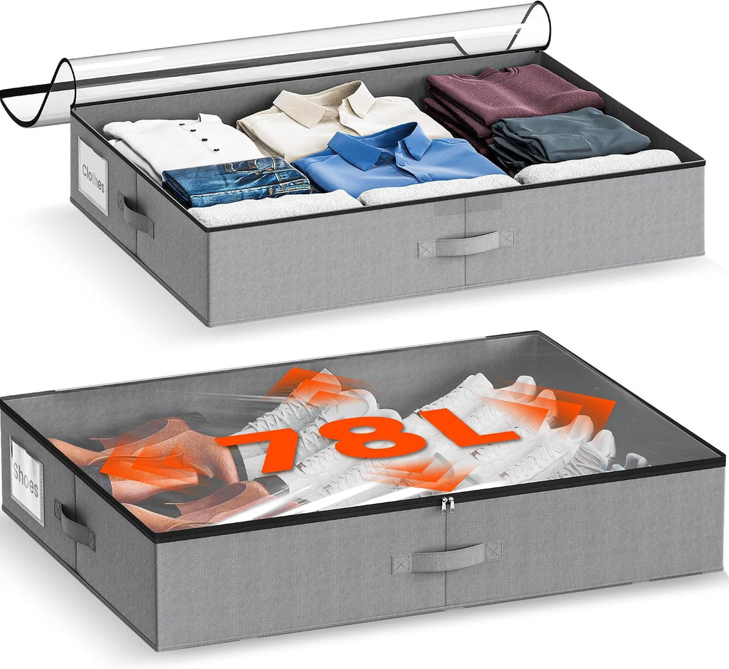 XXXL 78L Under Bed Storage, Storage Containers with Support & Clear Lid, Support Frame, Underbed Storage Bins for Clothes, Shoes, Blankets, and Toys 2 pack