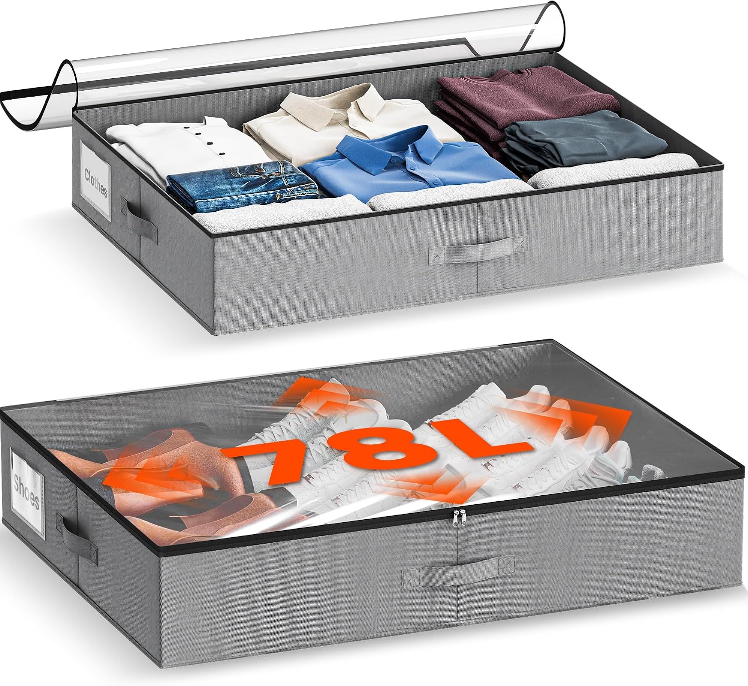 XXXL 78L Under Bed Storage, Storage Containers with Support & Clear Lid, Support Frame, Underbed Storage Bins for Clothes, Shoes, Blankets, and Toys 2 pack