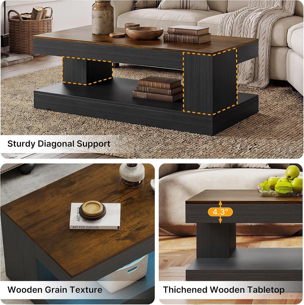 Miereirl Farmhouse Coffee Table with Storage Shelf, 2-Tier Wood Rustic Center...