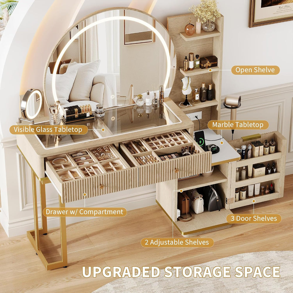 iPormis Makeup Vanity Desk with Round Mirror and Lights, Glass Top Vanity Tab...