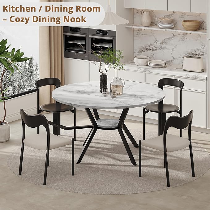 42" Round Dining Table for 2-4, Modern Kitchen Table with Faux Marble Tabletop & Metal Legs, Space Saving Circle Table with Storage, Wood Kitchen & Dining Room Tables for Kitchen Dining Room