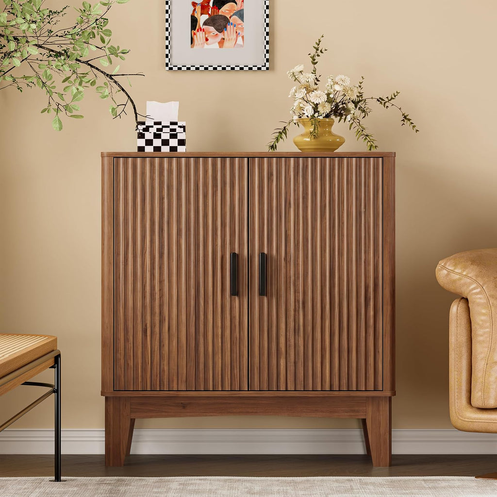 BORNOON Storage Cabinet with Doors and Adjustable Shelf, Modern Fluted Sideboard Buffet Cabinet, Freestanding Coffee Bar for Kitchen, Pantry, Entryway, Living Room