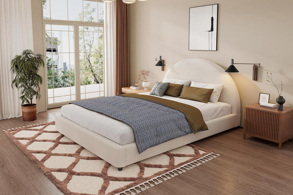 Peanu Queen Bed Frame, Boucle Upholstered Curved Headboard, White