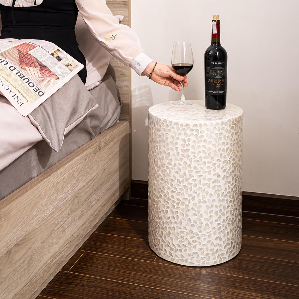 PEMAR Capiz Shell Cylinder Drum End Table Nacre Side Table Stool Accent Coffe...