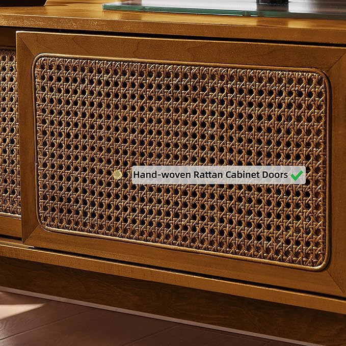 LKTART Mid Century Modern Rattan TV Stand for 65 Inch TV,59" Boho Media Console with Sliding Doors & Open Shelves,Solid Wood Legs for Living Room,Light Walnut