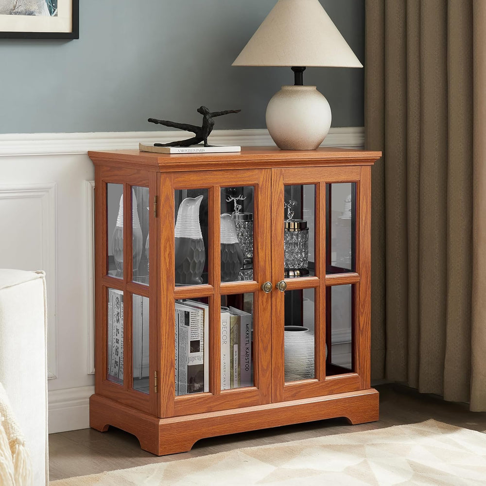 KEIKI Lighted Curio Display Cabinet with Adjustable Glass Shelves, Retro Stor...