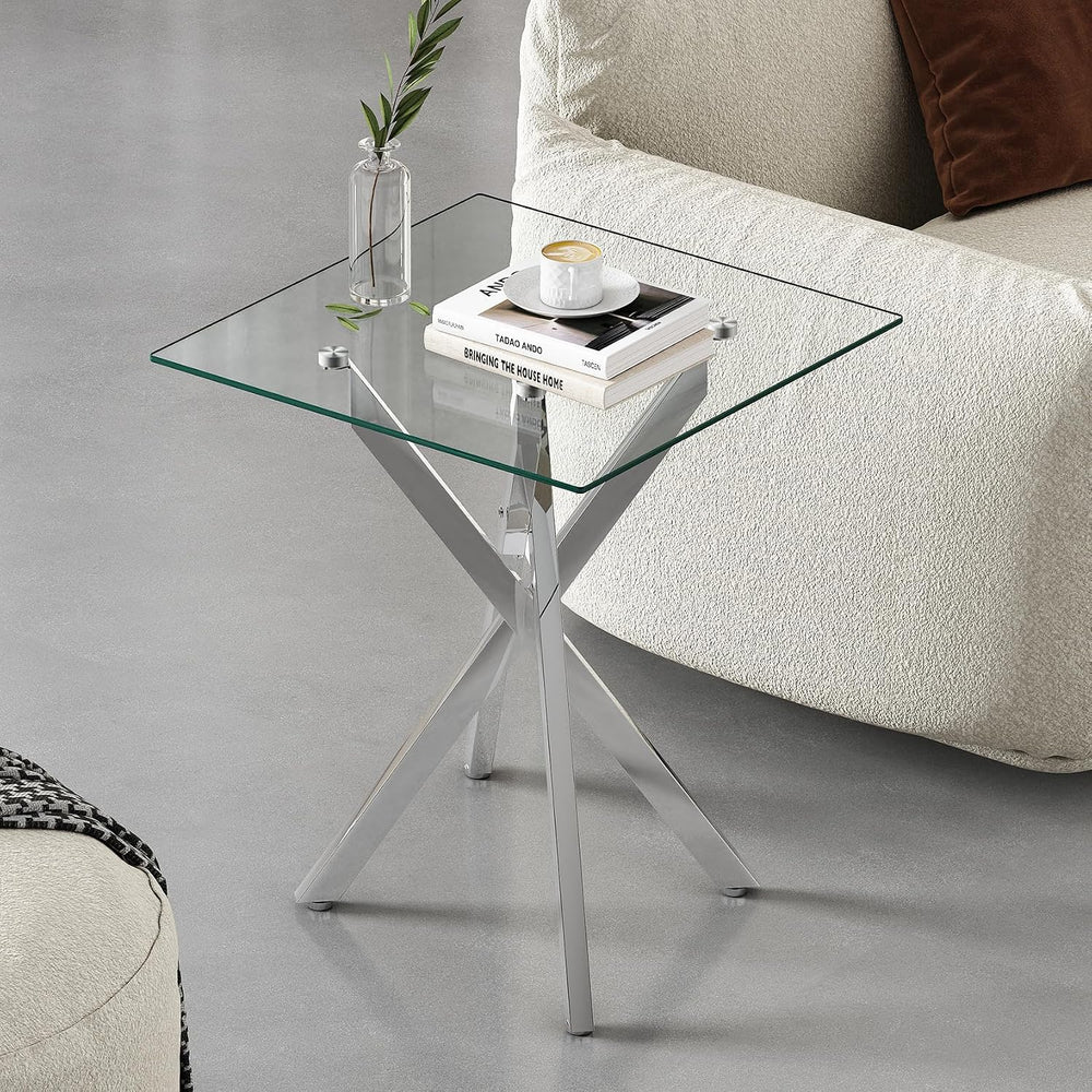 Modern Glass Side Table 17.72" Square End Table with Metal Legs, Small C...