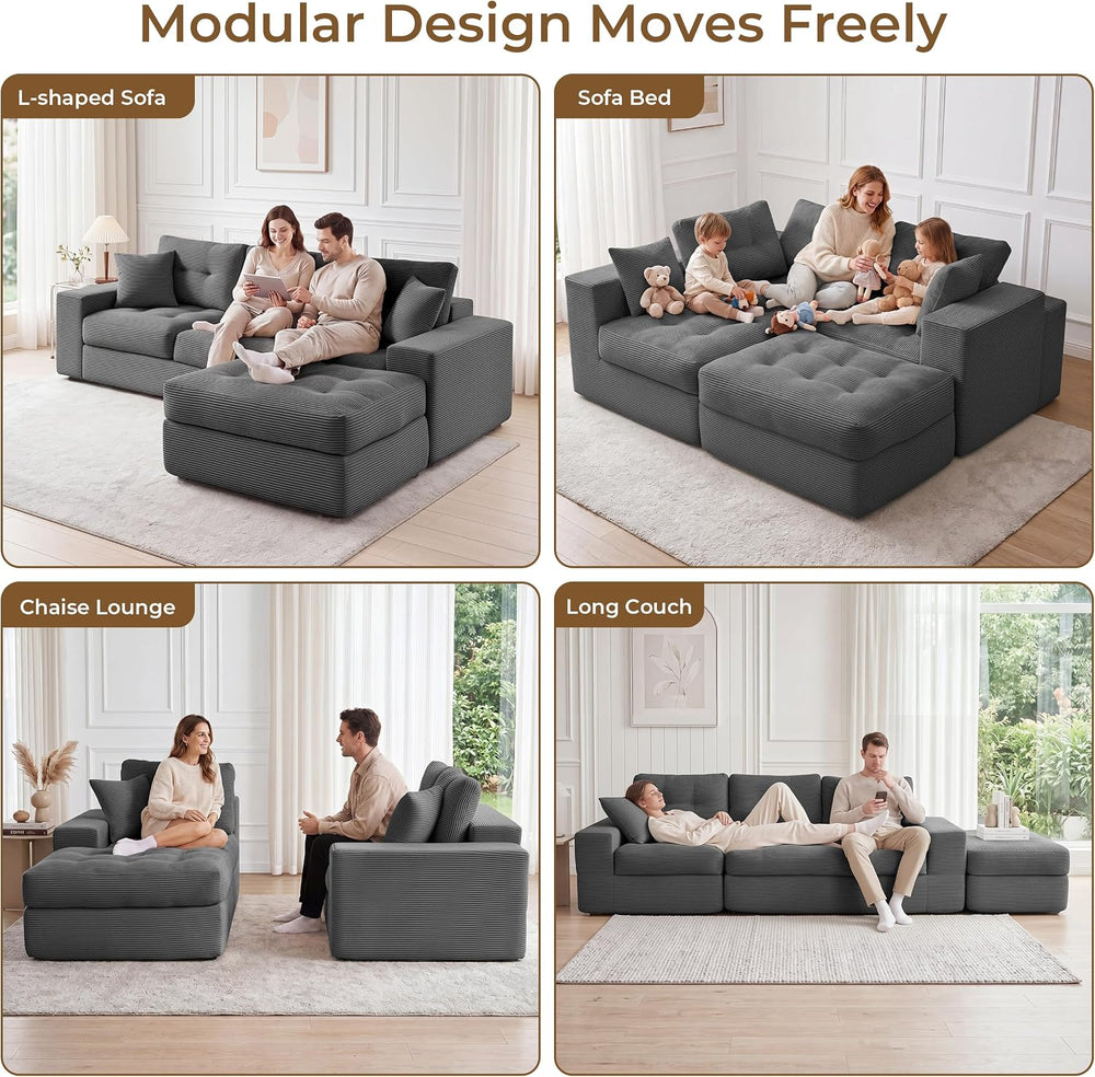 100" L Shaped Cloud Couch with Ottoman, Couches for Living Room | Modula...