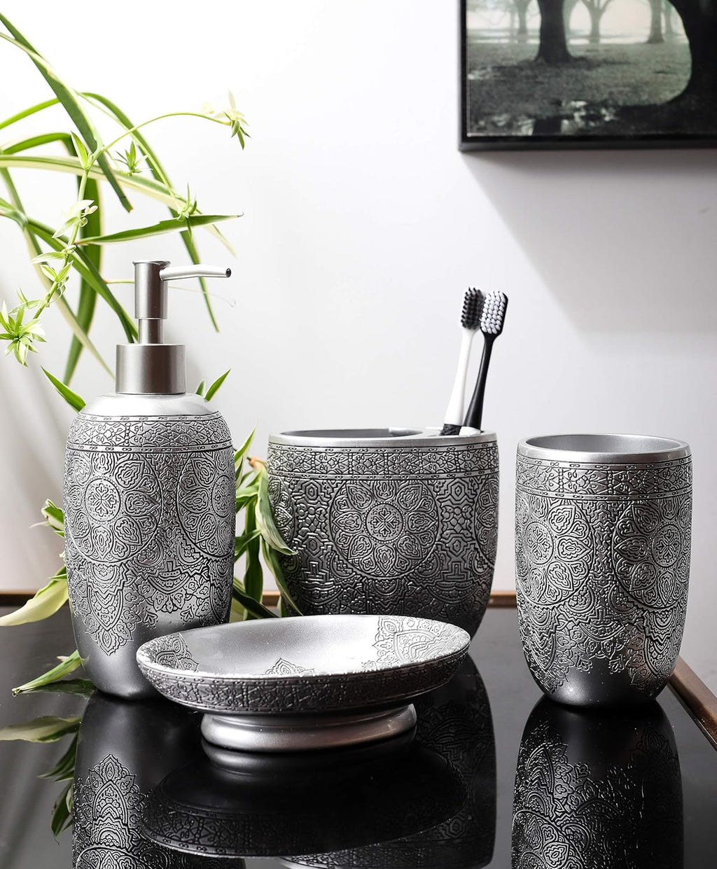 Hymmah Bathroom Accessories Set,Toothbrush Holder,Farmhouse Bathroom Decor,4 Pcs Resin Gift Set Apartment Necessities, Contain Toothbrush Cup,Soap Dispenser,Soap Dish,Tumbler
