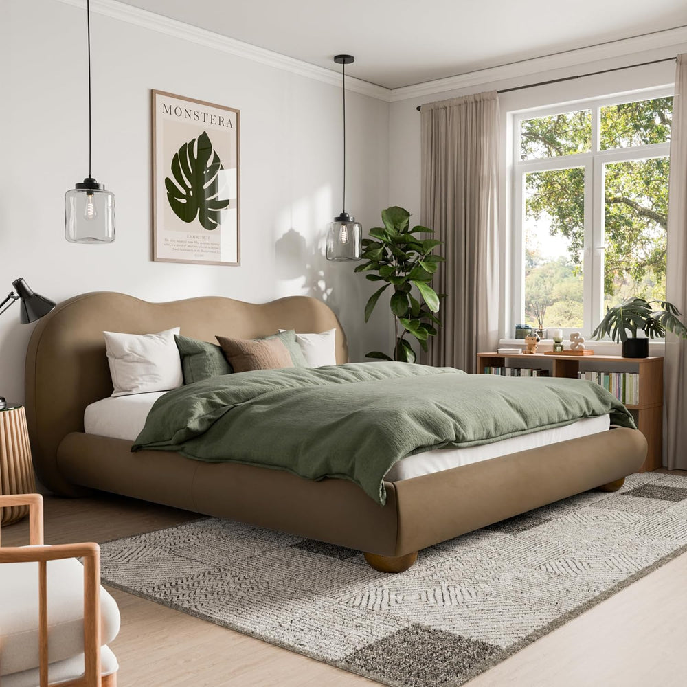 Furniture of America Lunaria Modern Velvet King Platform Bed with Camelback H...