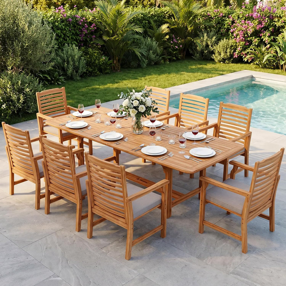 PHI VILLA 9pc Outdoor Dining Set, Expandable Wood Table & Chairs for 8