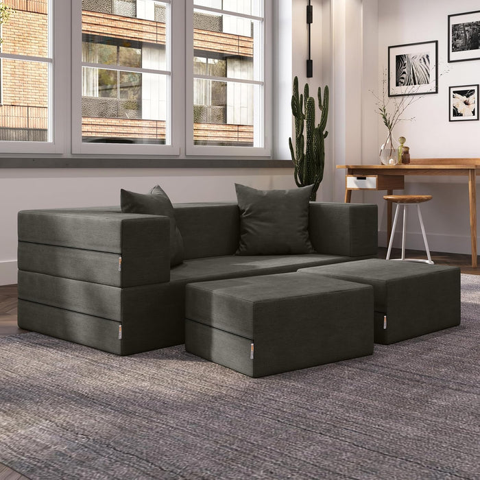 Jaxx Zipline Convertible Sleeper Loveseat & Ottomans, Textured Microvelvet - Charcoal