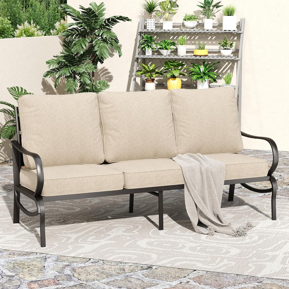 PHI VILLA Metal Patio Sofa with 5.75" Extra-Thick Waterproof Cushion, 3 ...