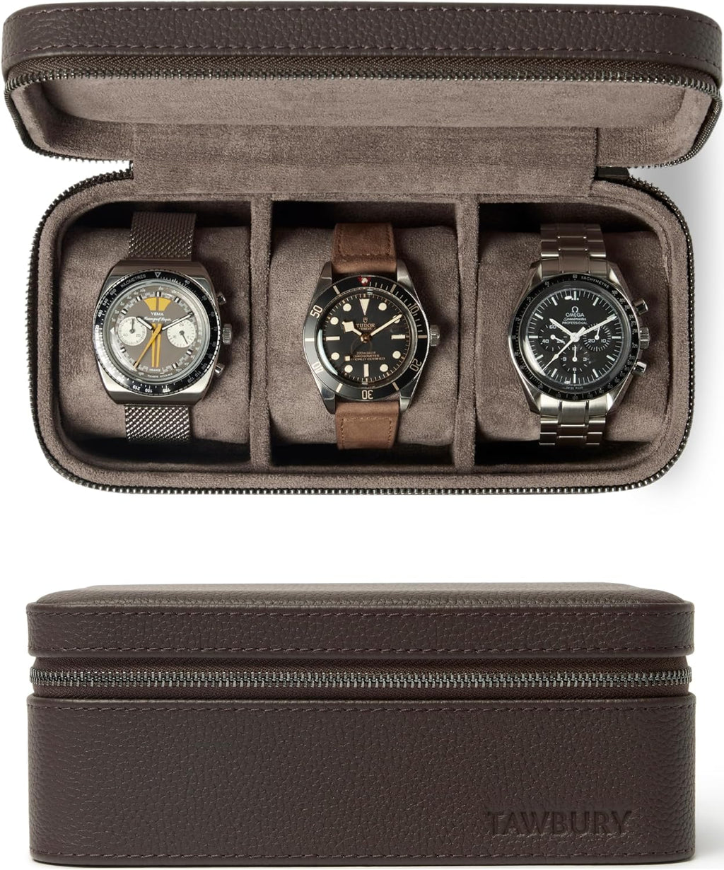 TAWBURY Watch Case - 3 Slot Genuine Top-Grain Leather Watch Travel Case for Men & Women with Metal Zipper and Extra Wide Pillows for Large Watches (Brown)