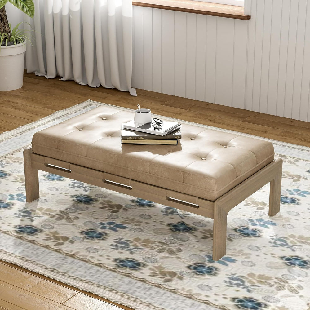 Merax 48.4" Rectangle Tufted Upholstered Cocktail Ottoman, Leather Ottom...