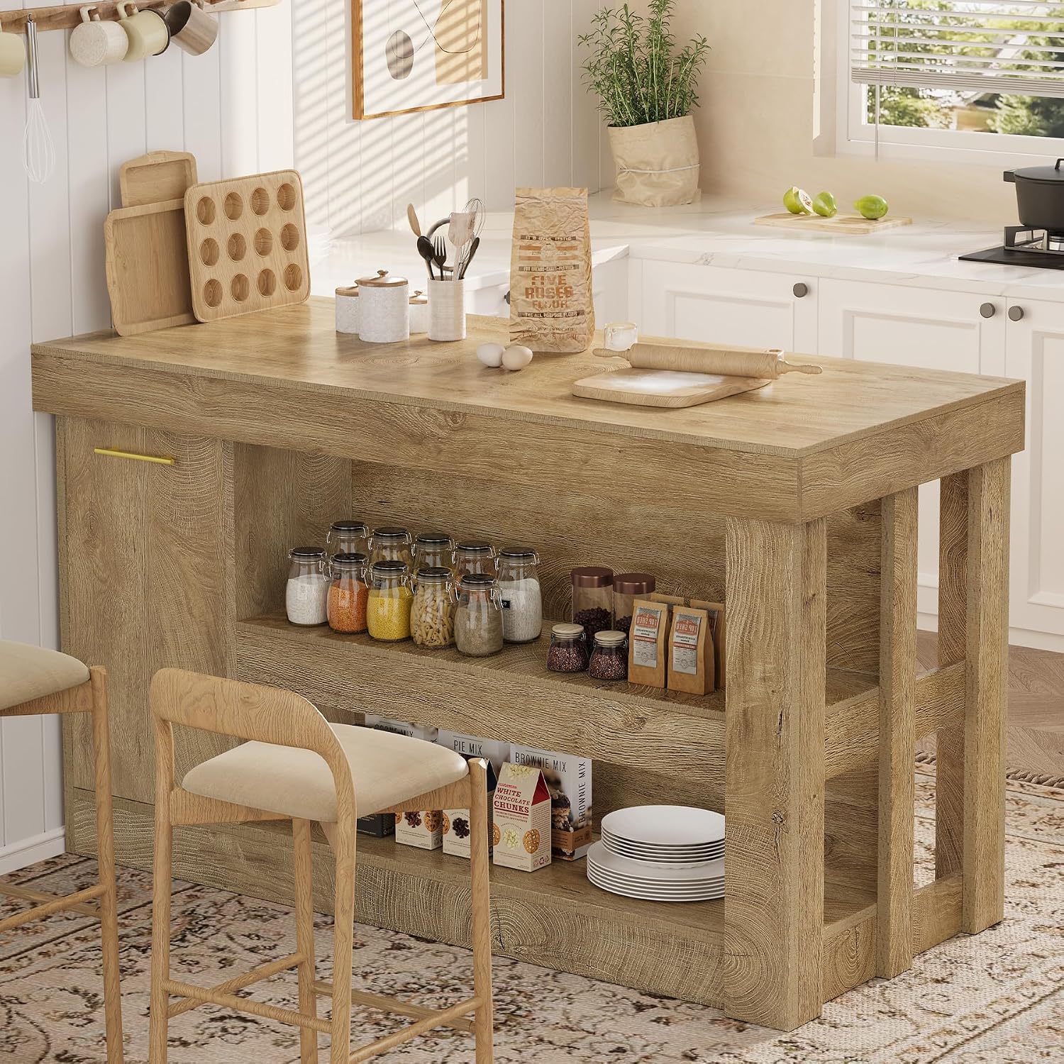 Tribesigns Kitchen Island with Trash Storage Cabinet, 55" Large Prep Table | 2-Tier Shelf, Farmhouse Island Table Furniture for Meal Prep, Dining & Entertaining, Natural Oak Wood, Supports up to 350 lb