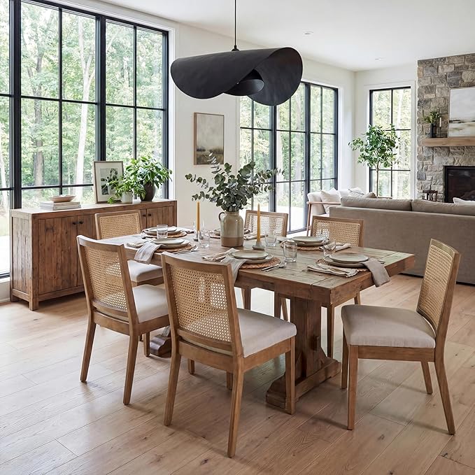 Rattan Dining Chairs Set of 4, Farmhouse Linen Dining Room Chairs Kitchen Chairs with Cane Back, Upholstered Rattan Chairs Comfy Side Wood Chair for Living Room/Restaurant, Natural Cream