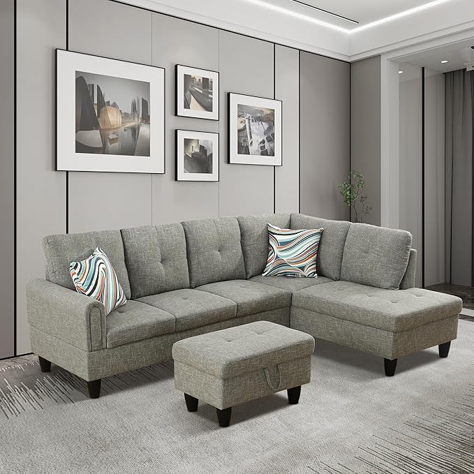 L Shaped Sectional Sofa with Ottoman, Modern Couches for Living Room, Microfiber Facing, Bedroom, Office