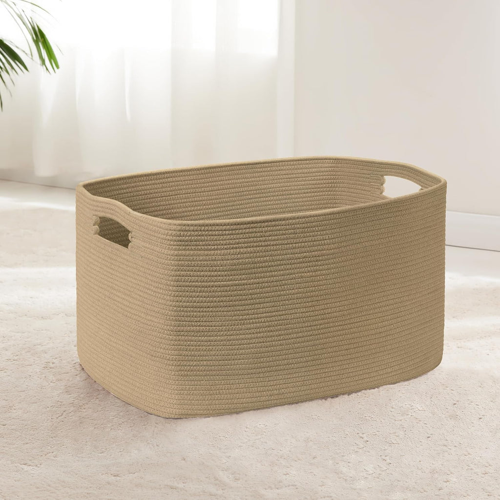 60L Small Wicker Laundry Basket for Living Room Storage,Boho Woven Cotton Rope Baskets for Kids Toy,Gifts,Square Blanket Hamper for Bedroom Dirty Clothes,Jute