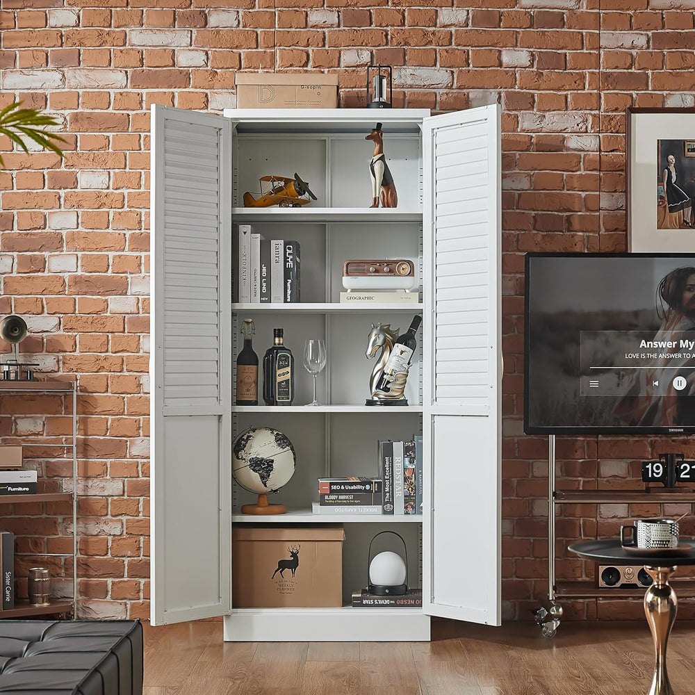 Modern Metal Pantry Cabinet with 4 Adjustable Shelves, Freestanding Steel Sto...