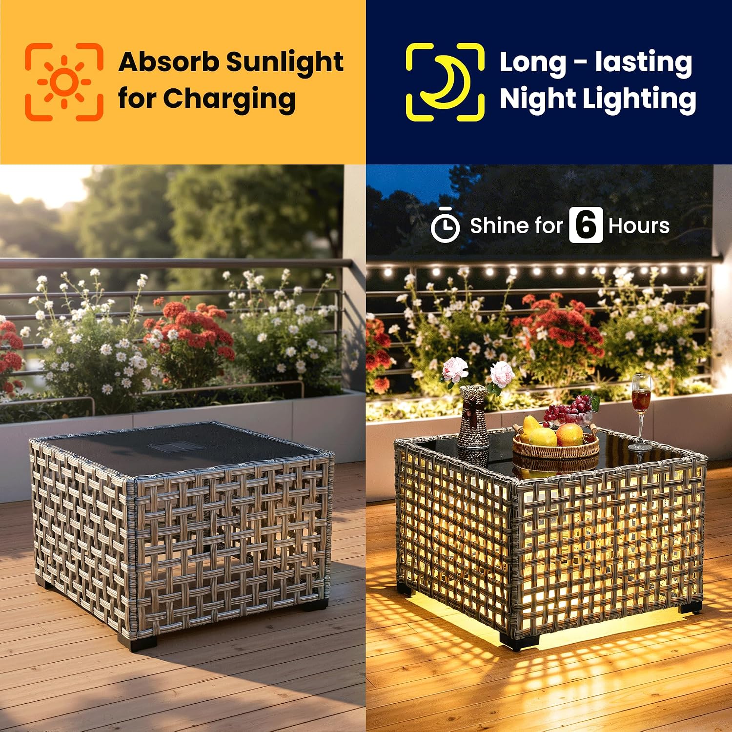 ovios Outdoor Side Table with Tempered Glass Top, Patio Wicker Solar Table, Rattan Bistro End Table for Porch Deck Balcony Garden Poolside, Mixed Brown